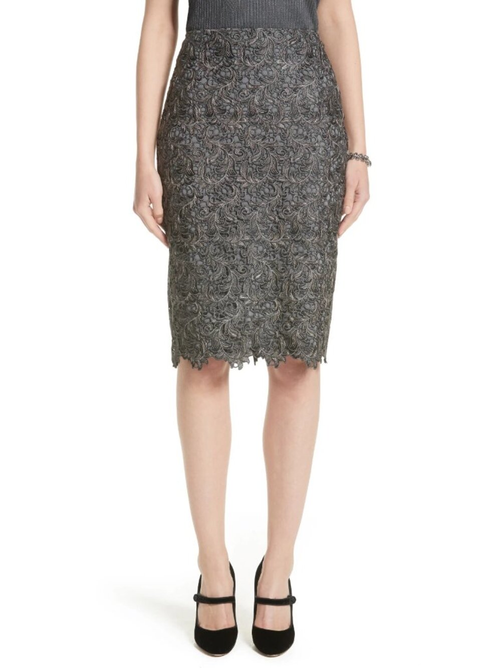 NWT St John Plume in Charcoal Gray Embroidered Lace Pencil Skirt 10